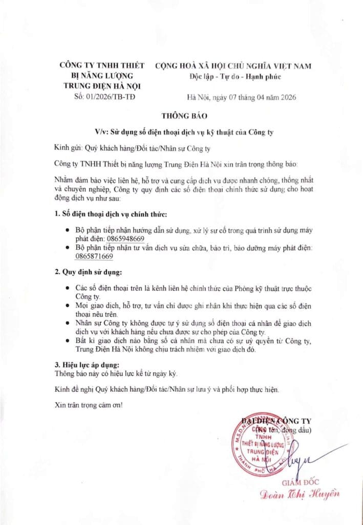 THÔNG BÁO QUAN TRỌNG HOTLINE KỸ THUẬT TRUNG ĐIỆN